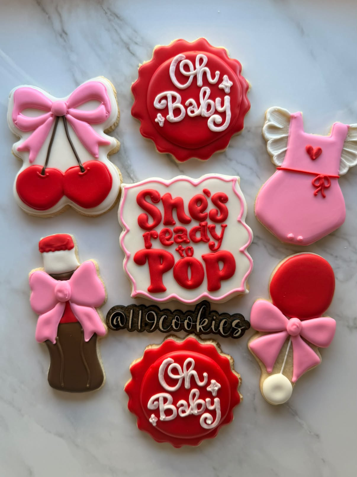 119 Cookies 'She's ready to pop' baby shower set with pink bows and red cherries