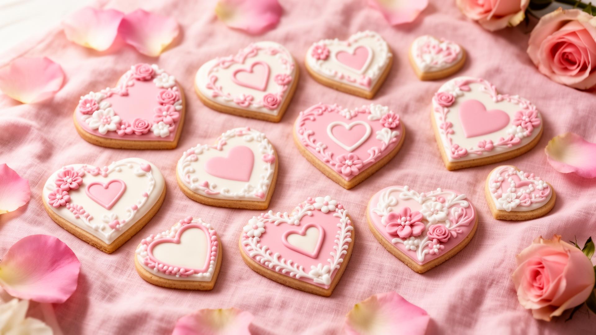 Beautifully decorated pink heart cookies